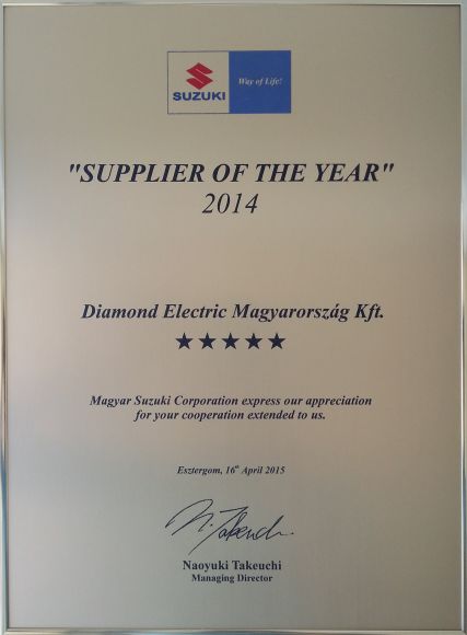 Supplier of the year 2014 - 5th time - Magyar Suzuki Corporation